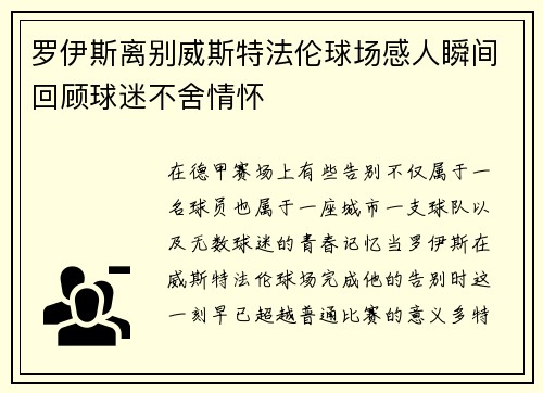 罗伊斯离别威斯特法伦球场感人瞬间回顾球迷不舍情怀