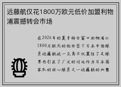 远藤航仅花1800万欧元低价加盟利物浦震撼转会市场